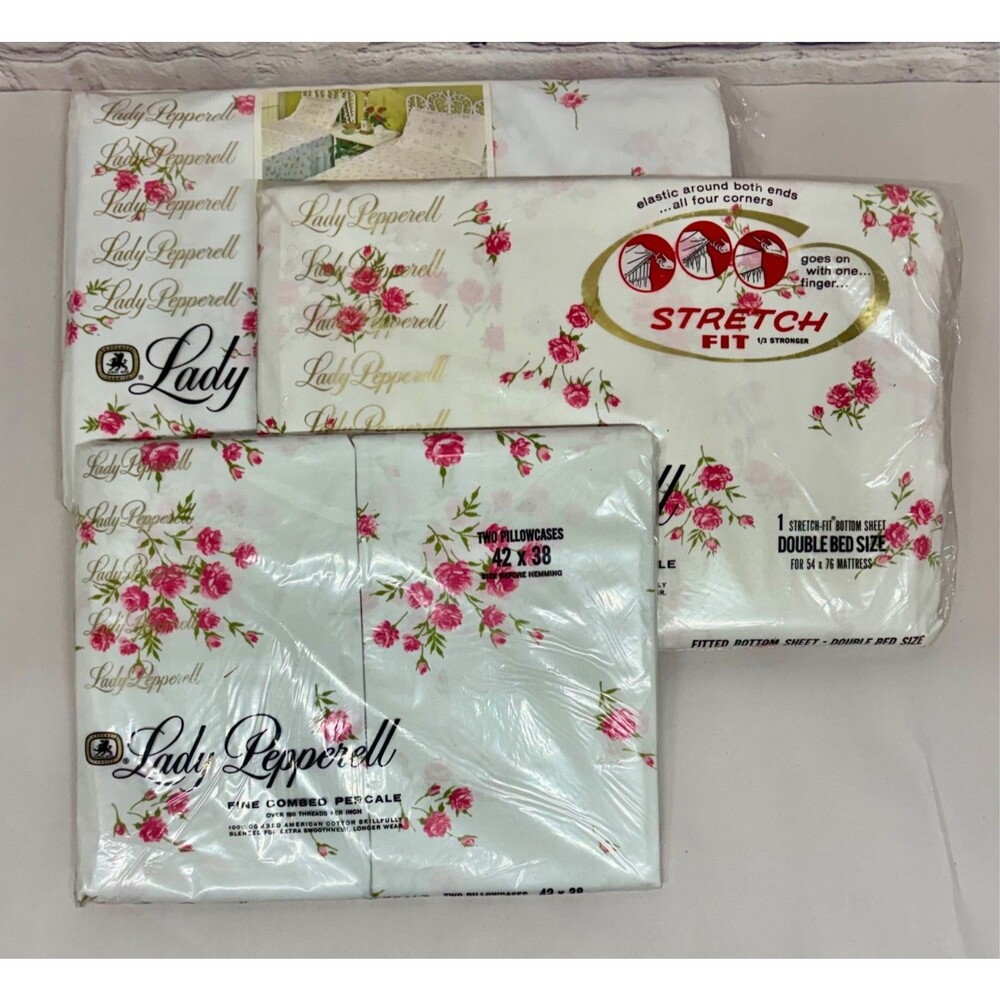 Vtg Lady Pepperell Percale Sheets Pillowcases Set Double Pink Roses Cottagecore